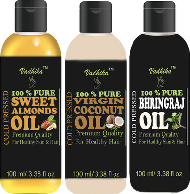 

Vadhika Premium Virgin Coconut Oil, Sweet Almond Oil And Bhringraj Oil Combo Of 3 Bottles Of 100 Ml(300ml) Hair Oil(300 ml)