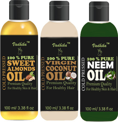 

Vadhika Premium Virgin Coconut Oil, Sweet Almond Oil And Neem Oil Combo Of 3 Bottles Of 100 Ml(300ml) Hair Oil(300 ml)