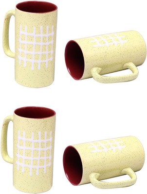 

caffeine Cream Check and Mate Ceramic Mug(500 ml, Pack of 4), Beige;maroon