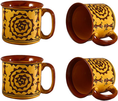 

caffeine Mustard Romani Ceramic Mug(550 ml, Pack of 4), Multicolor
