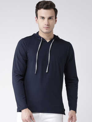 KALT Solid Men Hooded Neck Dark Blue T-Shirt
