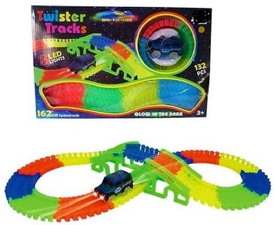 

Montez 128 PCs Flexible & Bendable Glow in the Dark Twister Track Set Toy with Led Lights Racing Car(Multicolor)