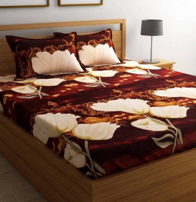 DUTI SMART CREATION 104 TC Cotton Double Floral Fitted & Flat Bedsheet(Pack of 1, White)