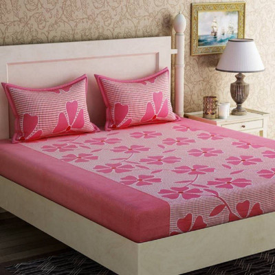 DUTI SMART CREATION 104 TC Cotton Double Floral Fitted & Flat Bedsheet(Pack of 1, White)