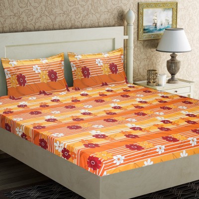 Home Candy 104 TC Cotton Double Floral Flat Bedsheet(Pack of 1, Orange)