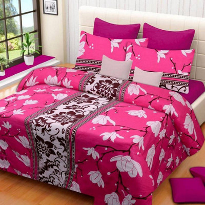 DUTI SMART CREATION 104 TC Cotton Double Floral Fitted & Flat Bedsheet(Pack of 1, White)