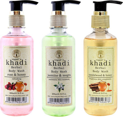 

Vagad's Khadi Rose and Honey, Jasmine and Mogra, Sandalwood and Honey Body Wash(600 ml, Pack of 3)