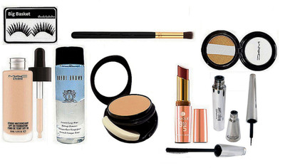 

big basket Eyelashes, Mac Two Way Compact, Brooke Candy Liquid Eyeliner & Mascara, fard A" Joues Mineralize Eyeshadow, Studio Waterweight Foundation, Bobbi Brown Instant Long Wear Makeup Remover, Brush, 9to5 Matte Lipstick(Set of 9)