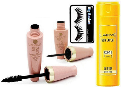 

big Basket Eyelashes, Lakme Sun Expert 24++ UY Lotion, Waterproof Eyeliner & Mascara(Set of 4)