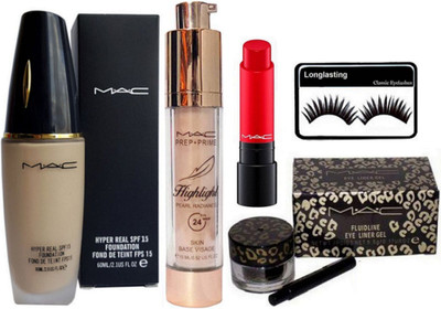 

Longlasting Eyelashes, Mac Hyper Real Foundation, Prep+prime Highlight, Fluidline Eyeliner, Red shade Lipstensity Lipstick(Set of 5)