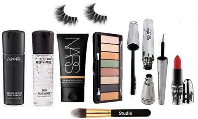 

studio Makeup Brush And Mac 8 Shade Eyeshadow Palette, Brook Candy Eyeliner & Mascara, Red Shade Lipstick, Prep+prime Skin Base Visage Prime and Moisture Infusion Serum, Nars pure Radiant Tinted Moisture's Foundation with Eyelashes(Set of 9)