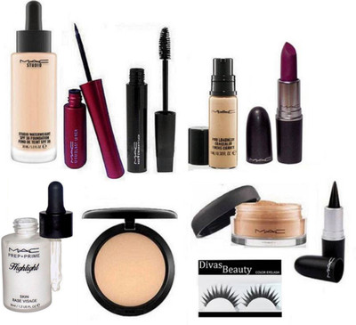 

Divas Beauty Eyelashes, Studio Waterweight Foundation, Pro Long Wear Concealer, Loose Powder, Prep+prime Primer Oil, Studio Fix Compact, Liquidlast Eyeliner, Houte and Naughty Mascara, Lustre Lipstick With stick(Set of 10)
