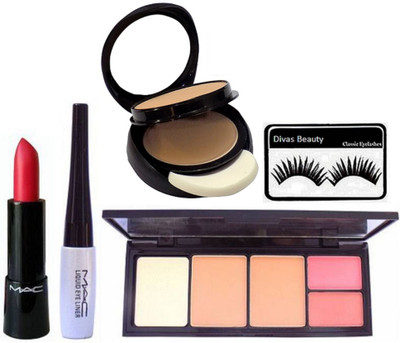 

divas beauty Eyelashes & Mac Liquid Last Liner & Matte Lipstick & Viva Glam Colour Loose Powder Blush With Compact, Two Way Compact(Set of 5)