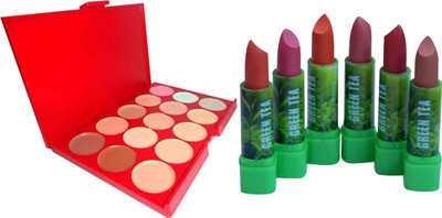 

firstzon™ 15 color cream concealer palatte with 6 green tea extract matte lipstick(Set of 7)