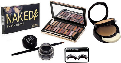 

divas beauty Eyelashes, Naked 4 Double Shade Eyeshadow Palette, Mac Gel Eyeliner With Two Way Compact(Set of 4)