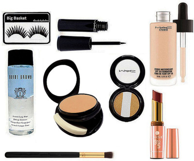 

big Basket Eyelashes, Mac Two Way Compact, fard A" Joues Mineralize Eyeshadow, Studio Waterweight Foundation, Bobbi Brown Instant Long Wear Makeup Remover, Liquid Eyeliner, Brush, 9to5 Matte Lipstick(Set of 8)