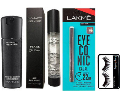 

Longlasting Eyelashes, Mac Pearl Gel Primer, Lakme Deep Black Eyeconic K,MAC Prep + Prime Moisture Infusion Serum Hydratant(Set of 4)