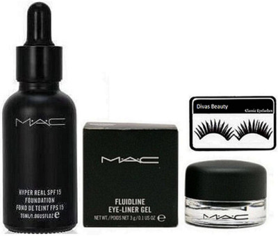 

divas beauty Eyelashes With Mac Fluidline Gel Eyeliner With Hyper Real SPF 15 Foundation(Set of 3)