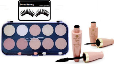 

Divas Beauty Eyelashes & mac 10 shades concealer palette with 9to5 eyeliner & mascara(Set of 4)