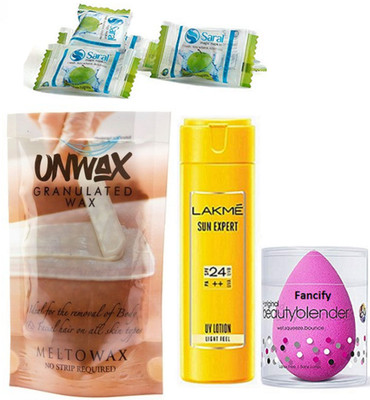 

Fancify Sponge Puff With Unwax Granulated Wax, Lakme Sun Expert UV Lotion, Magic Napkin pack of 5(Set of 8)