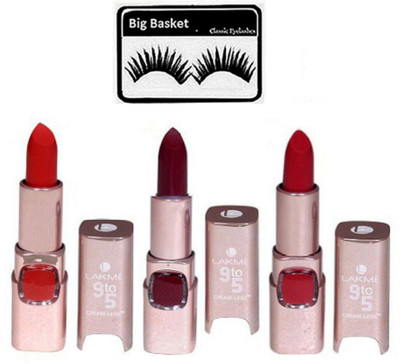 

big basket Eyelashes, 9 To 5 Lipstick Multicolour (Set of 3)(Set of 4)