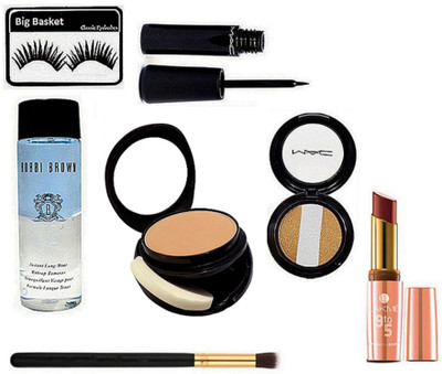 

big Basket Eyelashes, Mac Two Way Compact, fard A" Joues Mineralize Eyeshadow, Bobbi Brown Instant Long Wear Makeup Remover, Liquid Eyeliner, Brush, 9to5 Matte Lipstick(Set of 7)