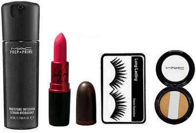 

Longlasting Eyelashes with Mac Ladygaga Matte Finish Pink Lipstick, Prep + Prime Moisture Infusion Serum Hydratant& Eyeshadow Fard A Joues Mineralize(Set of 4)
