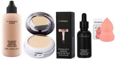 

divas beauty Sponge Puff With Mac Hyper Real SPF 15 Foundation, Face & Body Foundation, Eyelashes & Colorbar Radiant White Fairness Compact(Set of 4)