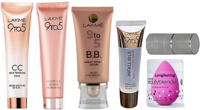 

Professional kit Sponge Puff, Lakme 9to5 CC Color Transform and BB Bright Benefit Cream, Weightless Mousse Foundation, Infallible Mattifying Primer, Mirror Nail polish(Set of 6)