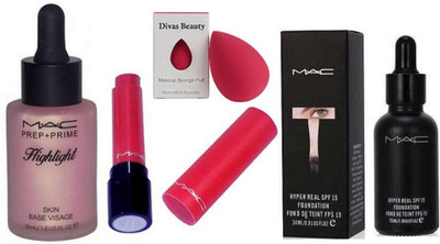 

divas beauty Sponge Puff With MAC Prep+prime Highlighter & Liptensity Lipstick & Hyper Real SPF 15 Foundation(Set of 4)