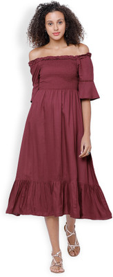 Tokyo Talkies Women Fit and Flare Maroon Midi/Calf Length Dress
