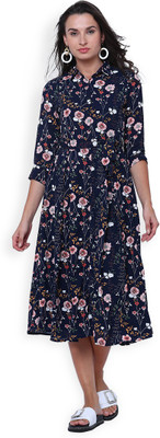 Tokyo Talkies Women Fit and Flare Dark Blue Midi/Calf Length Dress