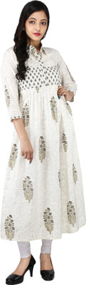 Handloom-Palace Women Block Print Flared Kurta(White) Flipkart