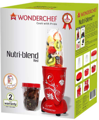 

Wonderchef Present Nutri blend Red color Comes with 2 interchangeable jars (Long Jar-500ml & Short Jar- 300ml) and 2 separate blades (Grinding Blade & Blending Blade) 400 W Juicer Mixer Grinder(Red, 2 Jars)