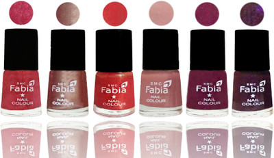 FABIA Rich Toxic Free Perfection Shine Nail Polish Set of 6 (239202009) Shock Pink Light-Light Nude-Red Orange-Shrimp Pastell-Cherry Blossom-Dark Purple(Pack of 6)
