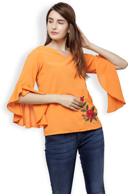 Tokyo Talkies Casual 3/4 Sleeve Solid Women Yellow Top