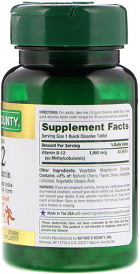 

Nature's Bounty Nature's Bounty, B-12, Natural Cherry Flavor, 1000 mg, 60 Quick Dissolve Tablets(60 No)
