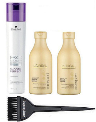 

Longlasting Hair Brush & BC Bona Cure Smooth Perfect, L'Oreal Absolute Repair Shampoo pack of 2(Set of 4)