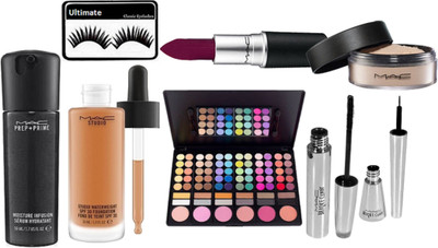 

Ultimate Eyelashes, Mac Studio waterweight Foundation, Prep+prime Moisture Infusion Serum, 78 Shade Eyeshadow Palette, Brook Candy Eyeliner & Mascara, Loose Powder, Matte Finish Lipstick(Set of 8)