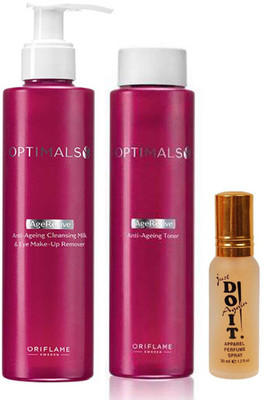 

Oriflame Sweden optimals age revive anti ageing cleansing milk eye make up remover (200 ml) and one optimals age revive anti ageing toner (200 ml) with one do it perfume 30 ml(Set of 3)