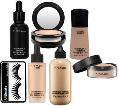 

Ultimate Eyelashes, Mac Face and Body, Studio waterweight, Mineralize moisture, Hyper real Foundation, Studio Fix Compact, Loose Powder(Set of 7)