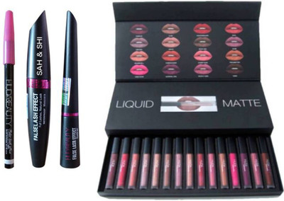 

Sah&Shi Eyebrow Black Pencil With Huda Mascara & Huda Liquid Eyeliner set of 3 with Huda Set of 16 Matte lipsticks(Set of 2)