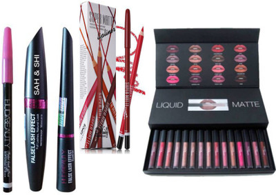 Sah&Shi Eyebrow Black Pencil With Huda Mascara & Huda Liquid Eyeliner set of 3 with Huda Set of 16 Matte lipsticks And super Matte Lip Liner 12 Pencils(Set of 3)