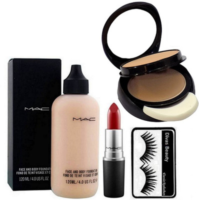 

divas beauty Eyelashes, Mac Face & Body Foundation, Mette Finish Lipstick With Two Way Compact(Set of 4)