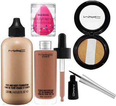 

divas beauty Sponge Puff & Face And Body Foundation & Mac Studio Waterwight Liquid Foundation, Super Slick Liquid Eyeliner, Eyeshadow Fard A Joues Miniralize(Set of 5)