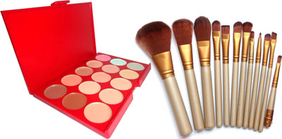 

firstzon™ 15 color cream concealer palatte with make up brush set of 12(Set of 2)