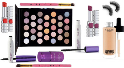 

Ultimate Make up Brush 2, Mac 32 shade Eyeshadow palette, Studio Waterweight Foundation, Lakme Waterproof Eyeliner & Mascara, Mirror Nail Polish, L'oreal Lipstick 2 with Eyelashes(Set of 10)