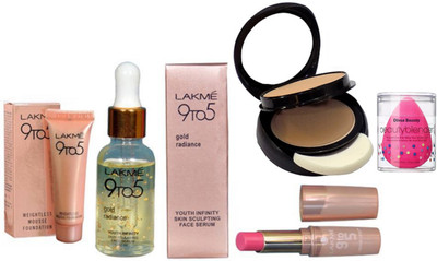 

divas beauty Sponge Puff & 9To5 Gold Radiance Face Serum & 9To5 Weightless Mousse Fundation & 9To5 Lipistick, Mac Two Way Compact(Set of 5)