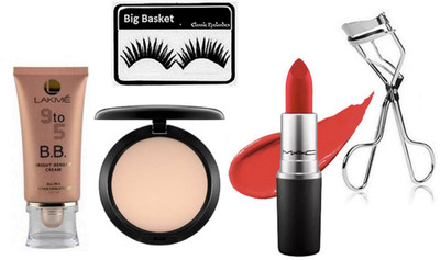 

big basket Eyelashes, Mac Studio Fix Compact, Red Lipstick, 9to5 bright benefit cream & Eyelashes Curler(Set of 5)