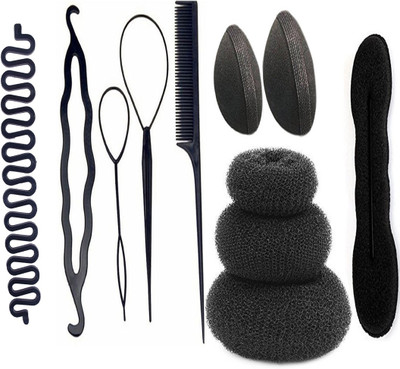 

JAMPAK Hair Accessories Combo Of 11 Pcs Set of Hair Puff Maker Volumizer, Banana Bumpits , Twist Braid Tools(Set of 11)